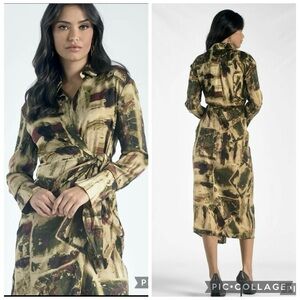 Elan Midi Dress Wrap Olive Green Marble Wrap Long Sleeve S Cocktail Party